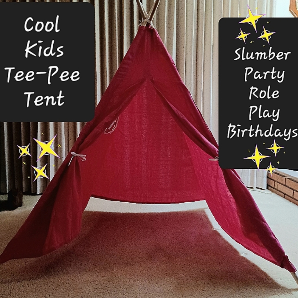 Teepee Tent Kids - slumber party, role play magenta pink fabric & wooden poles